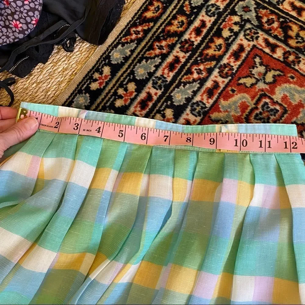 Vintage 70’s Pastel Blue green Yellow White Plaid Pleated Midi Skirt